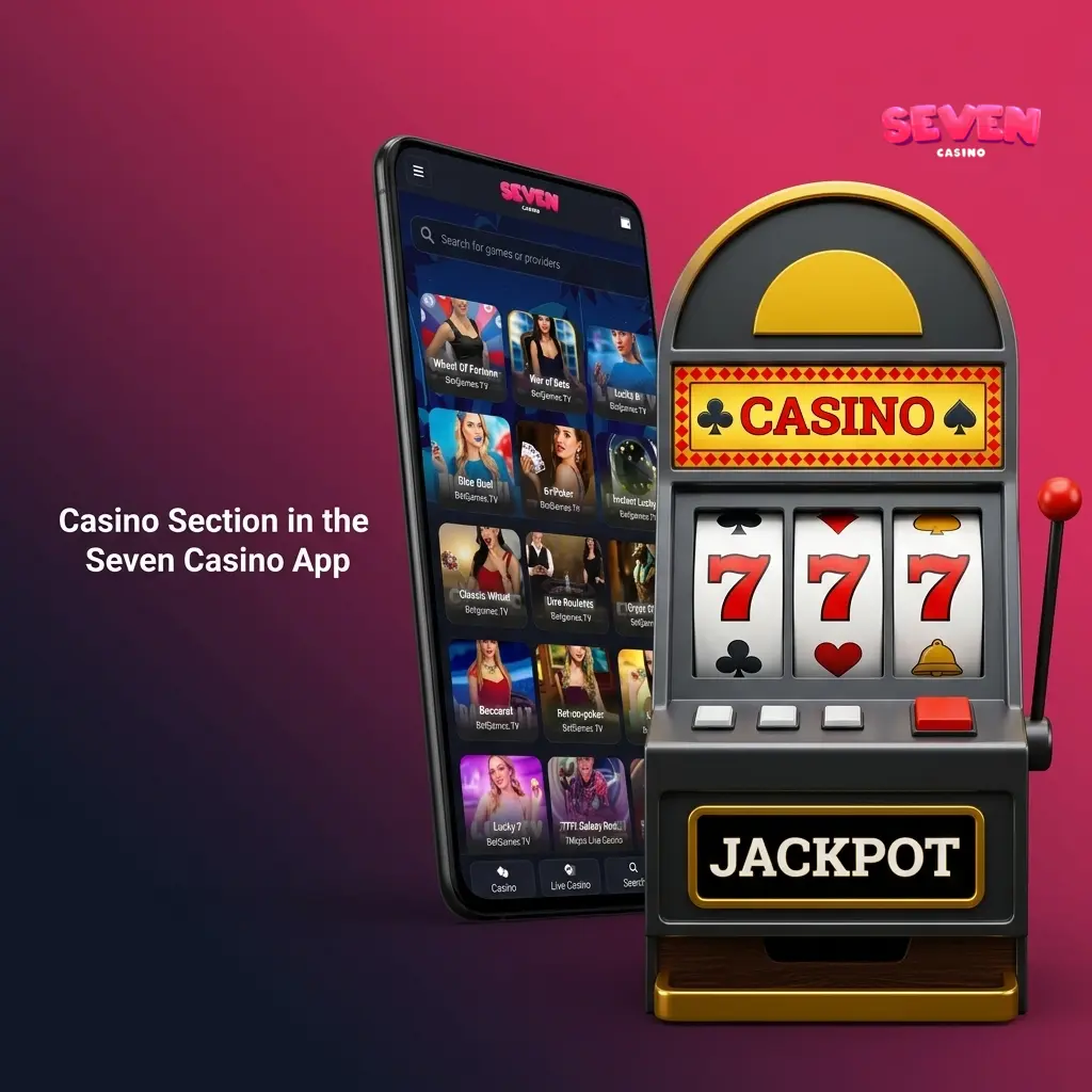 Seven Casino app casino section showing slots, live dealer, crash games, and table game categories on mobile