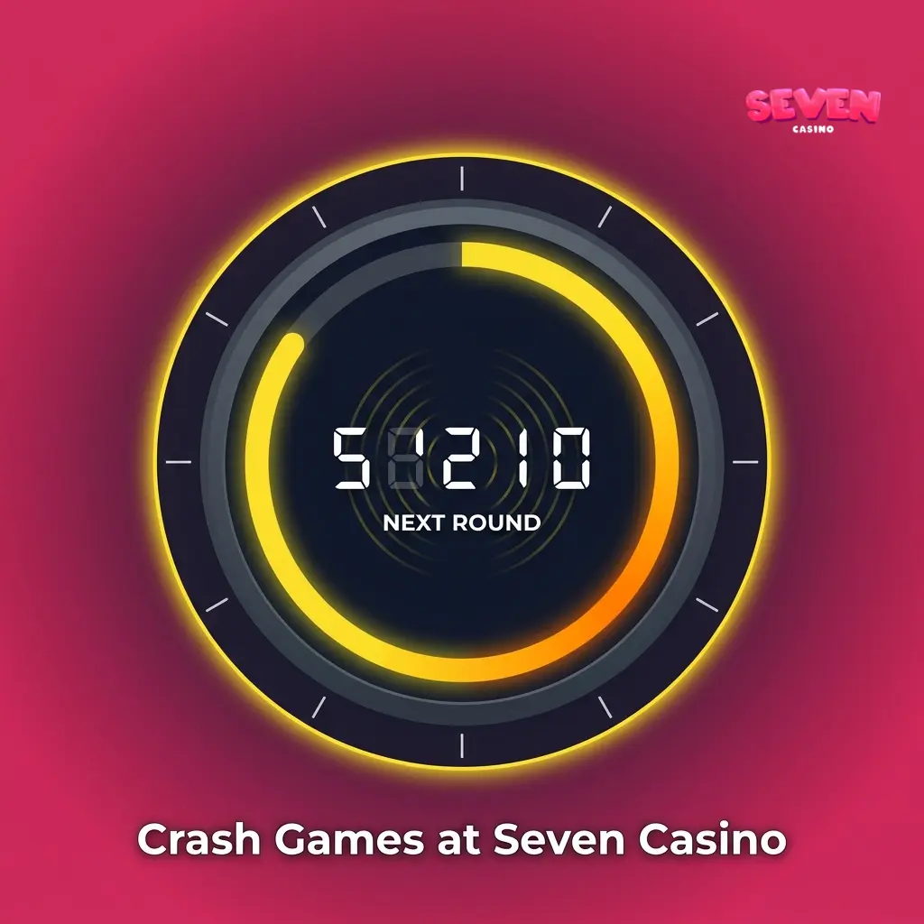 Crash games lobby at Seven Casino showing rising multiplier and cash-out button on mobile screen