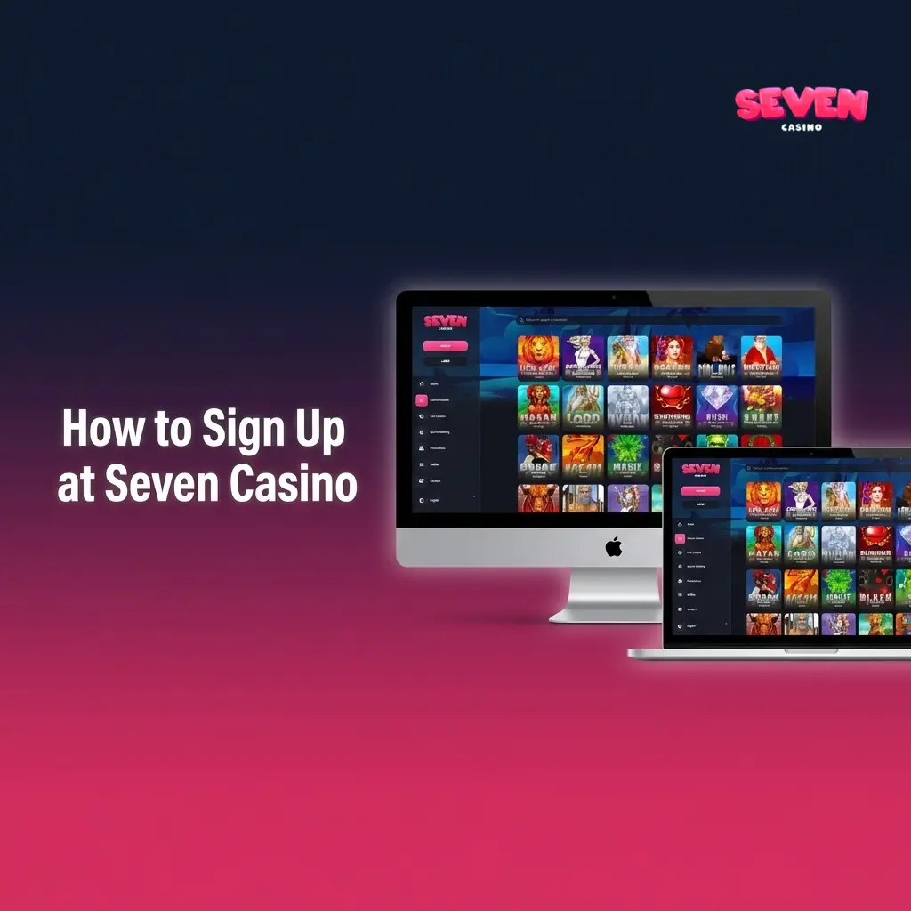 Seven Casino sign-up form showing registration steps including email, password, currency selection and KYC verification process