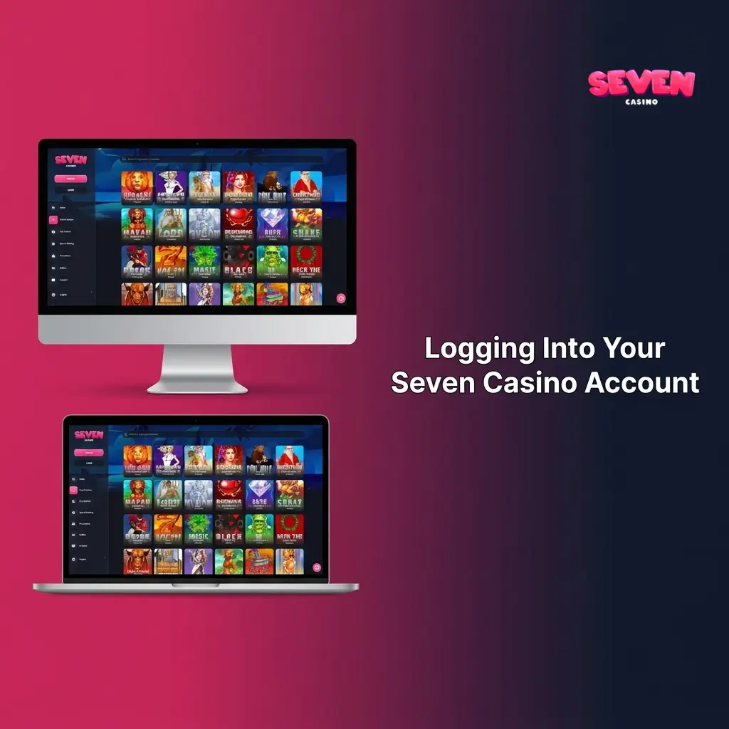 Seven Casino login page showing sign-in form with email, password fields, and 2FA prompt for secure account access