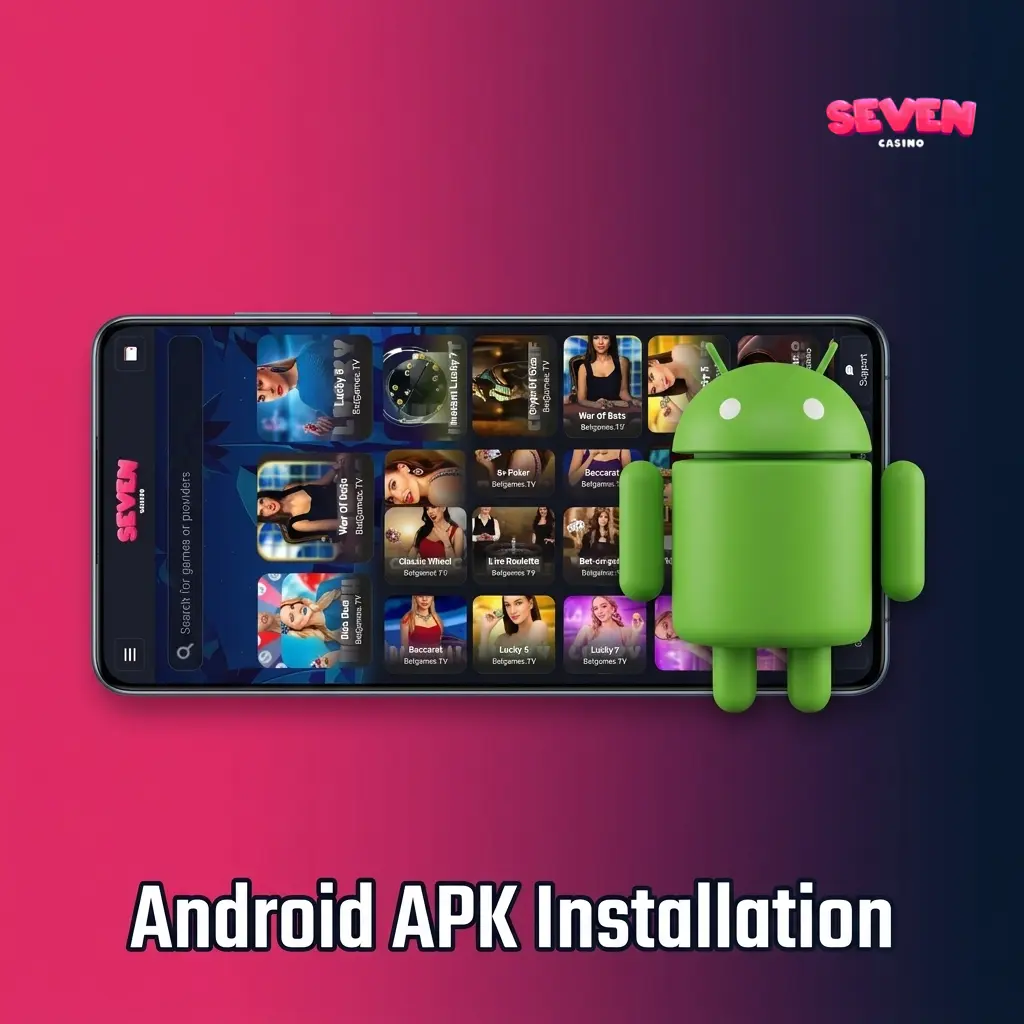 Seven Casino Android APK download page with official secure install button and device safety information