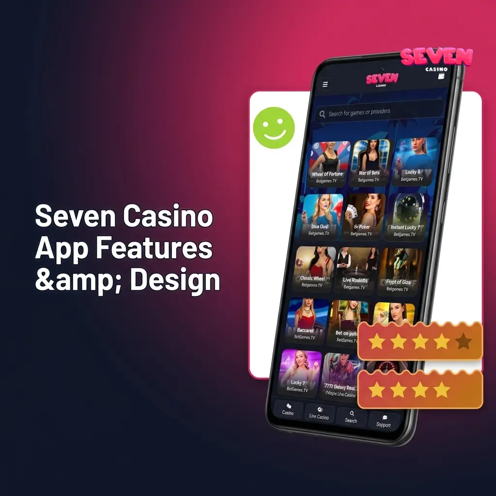 Seven Casino app dark navy and magenta UI showing sports betting, casino games, and live dealer sections on mobile