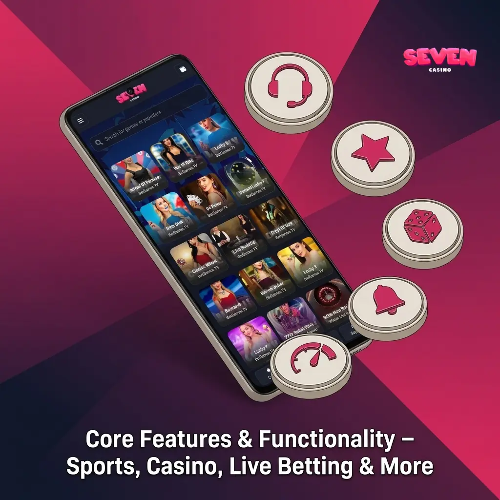 Seven Casino app interface showing sports betting, live casino games, and live streaming features on mobile