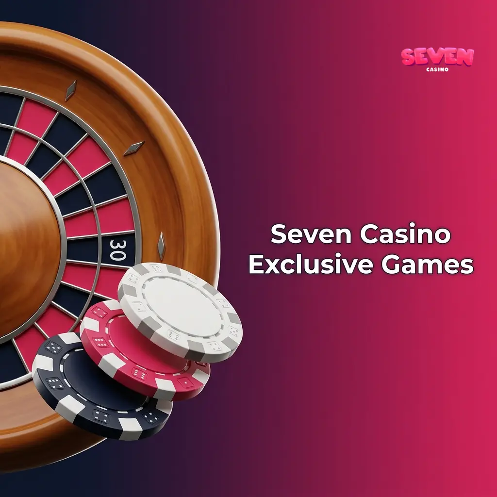 Seven Casino exclusive games lobby showing navy and magenta branded titles with custom RTP, bonus features, and jackpot tiers