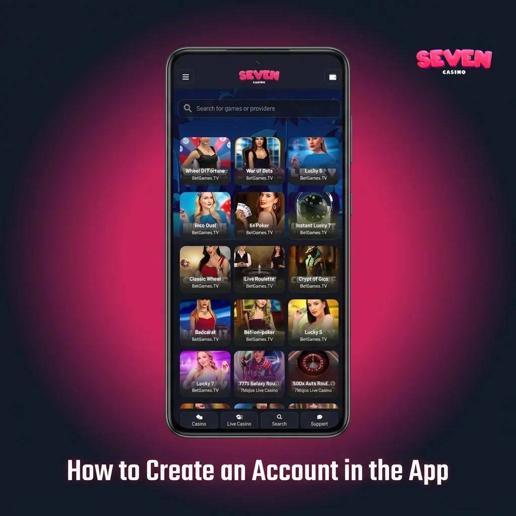 Seven Casino app registration screen showing five steps to create a new account, including email, personal details, and verification.