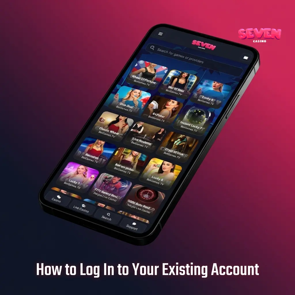 Seven Casino app login screen showing email and password fields with biometric login option for returning players