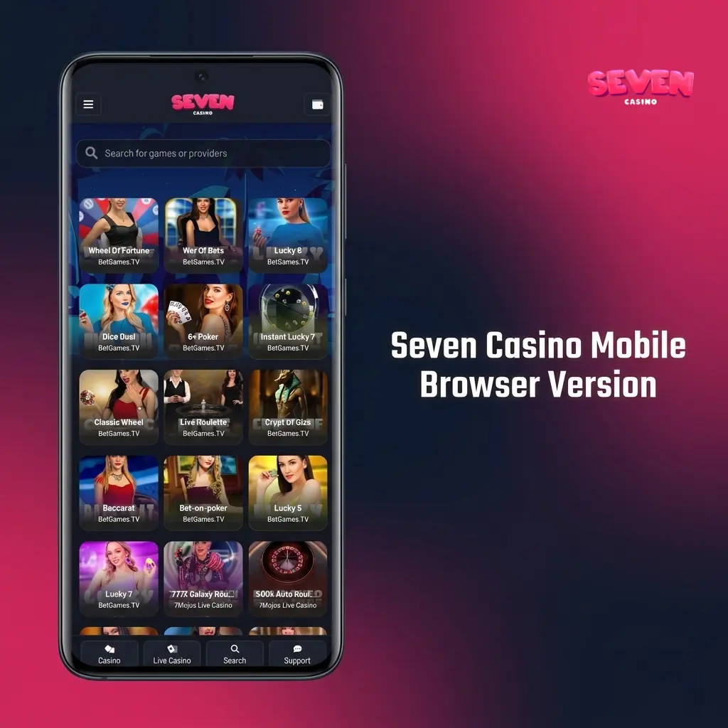 Seven Casino mobile browser version displaying responsive layout on a smartphone with sports betting and casino games accessible