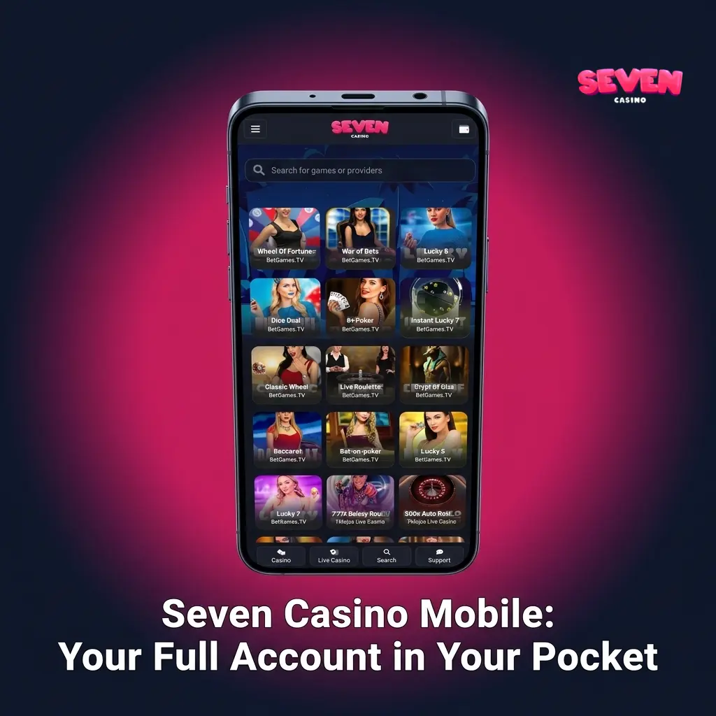 Seven Casino mobile app interface showing sportsbook, live casino, and slots accessible on smartphone and tablet devices