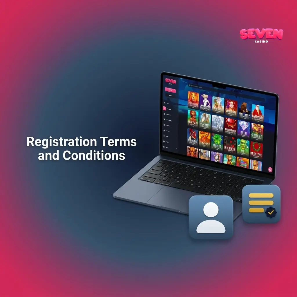 Seven Casino registration terms showing one account per player rule with conditions for account closure and bonus forfeiture
