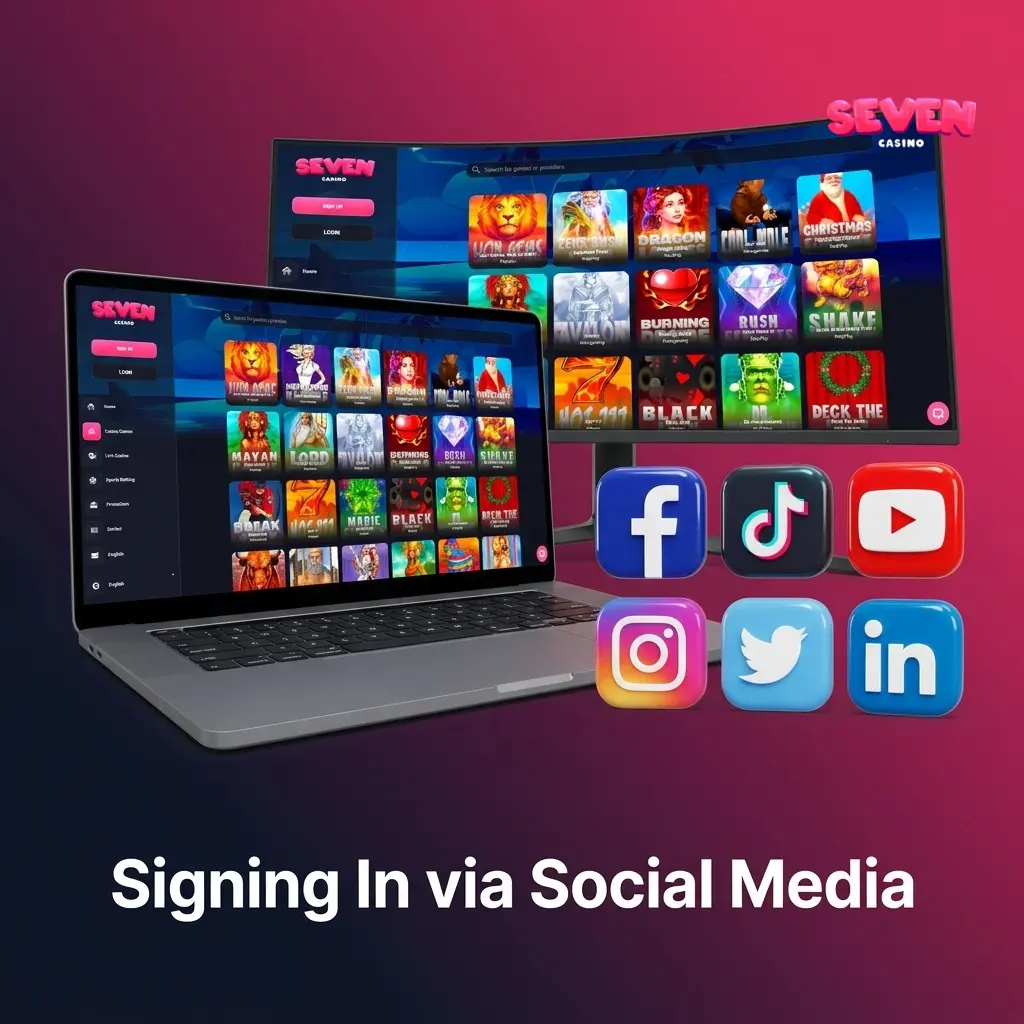 Seven Casino login screen showing social media sign-in options including Google and Telegram icons for quick access