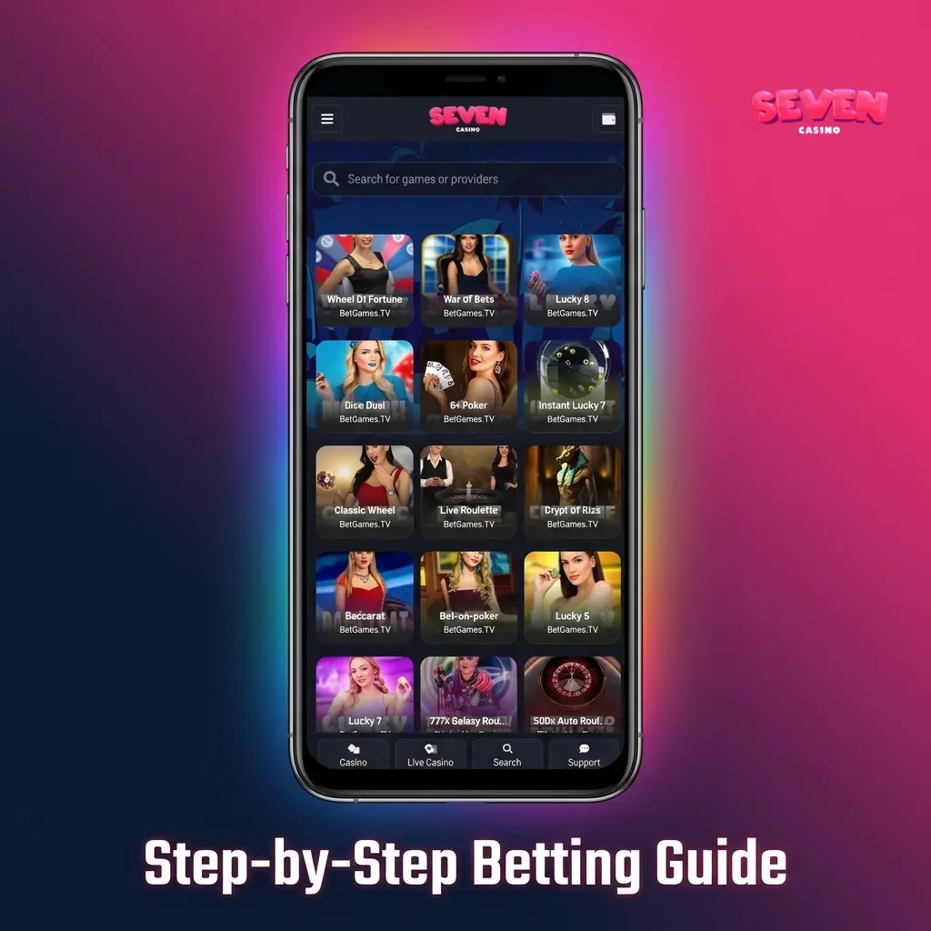 Step-by-step mobile betting guide on Seven Casino app showing sports selection, bet slip, and placement process
