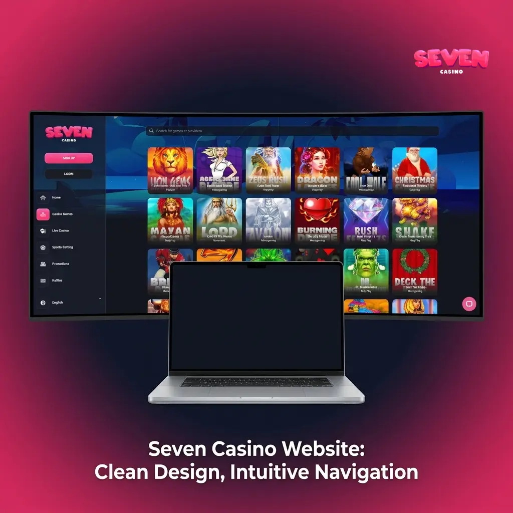 Seven Casino website homepage featuring deep navy and magenta design with clear navigation tabs for Sports, Casino, Live Casino and Promotions