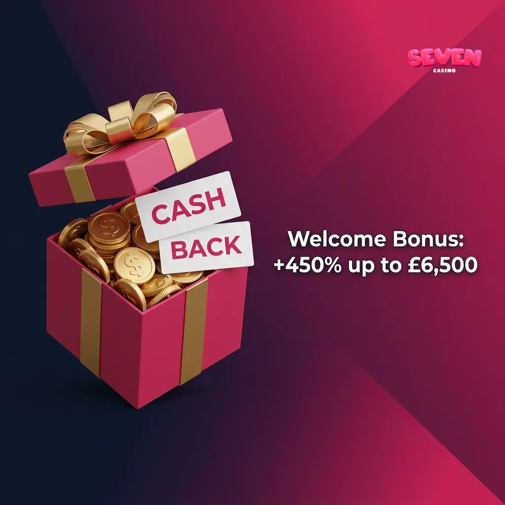 Seven Casino welcome bonus of +450% up to £6,500 across first deposits with 40x wagering and 30-day expiry