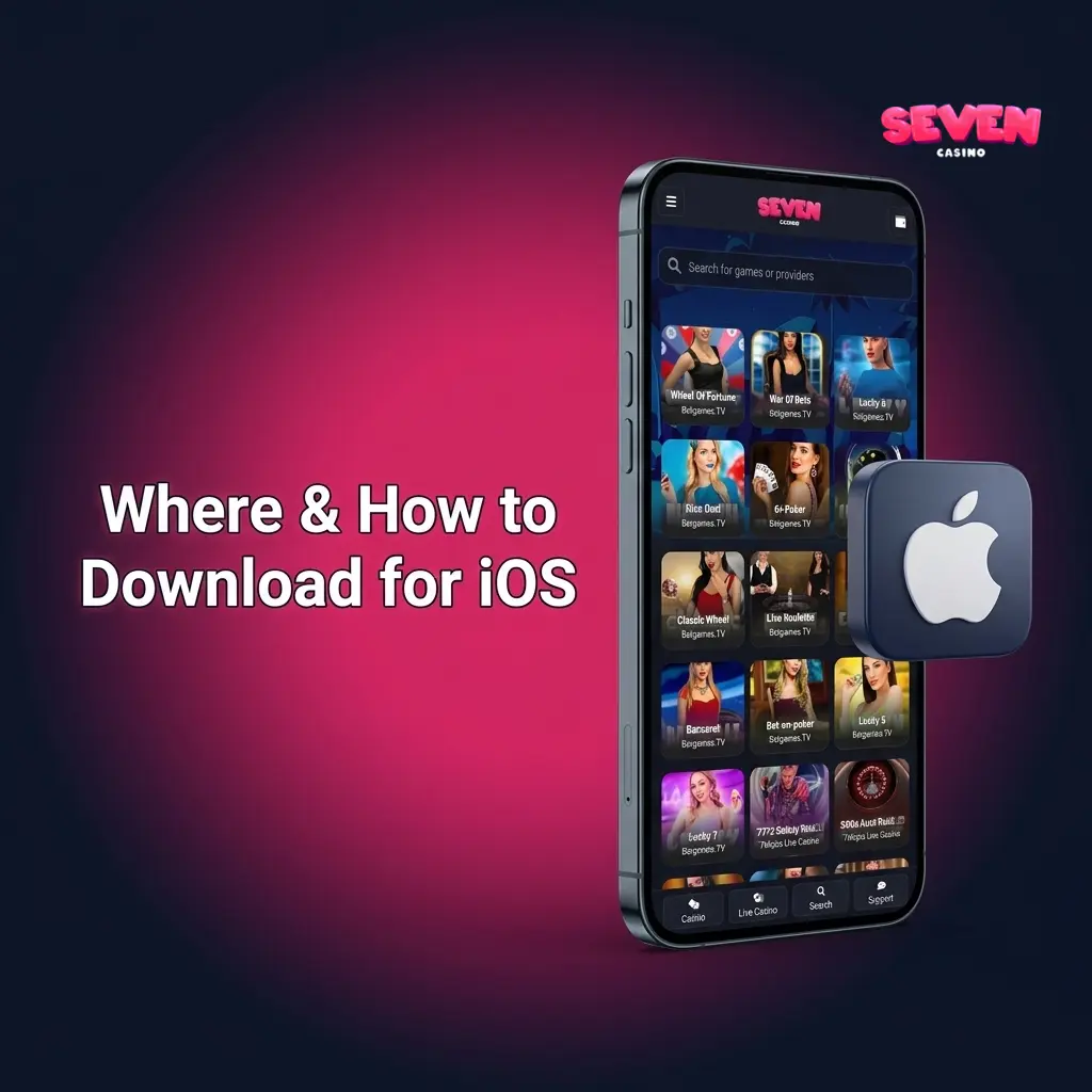 Seven Casino iOS app download guide showing App Store access and PWA home screen shortcut option for UK iPhone users