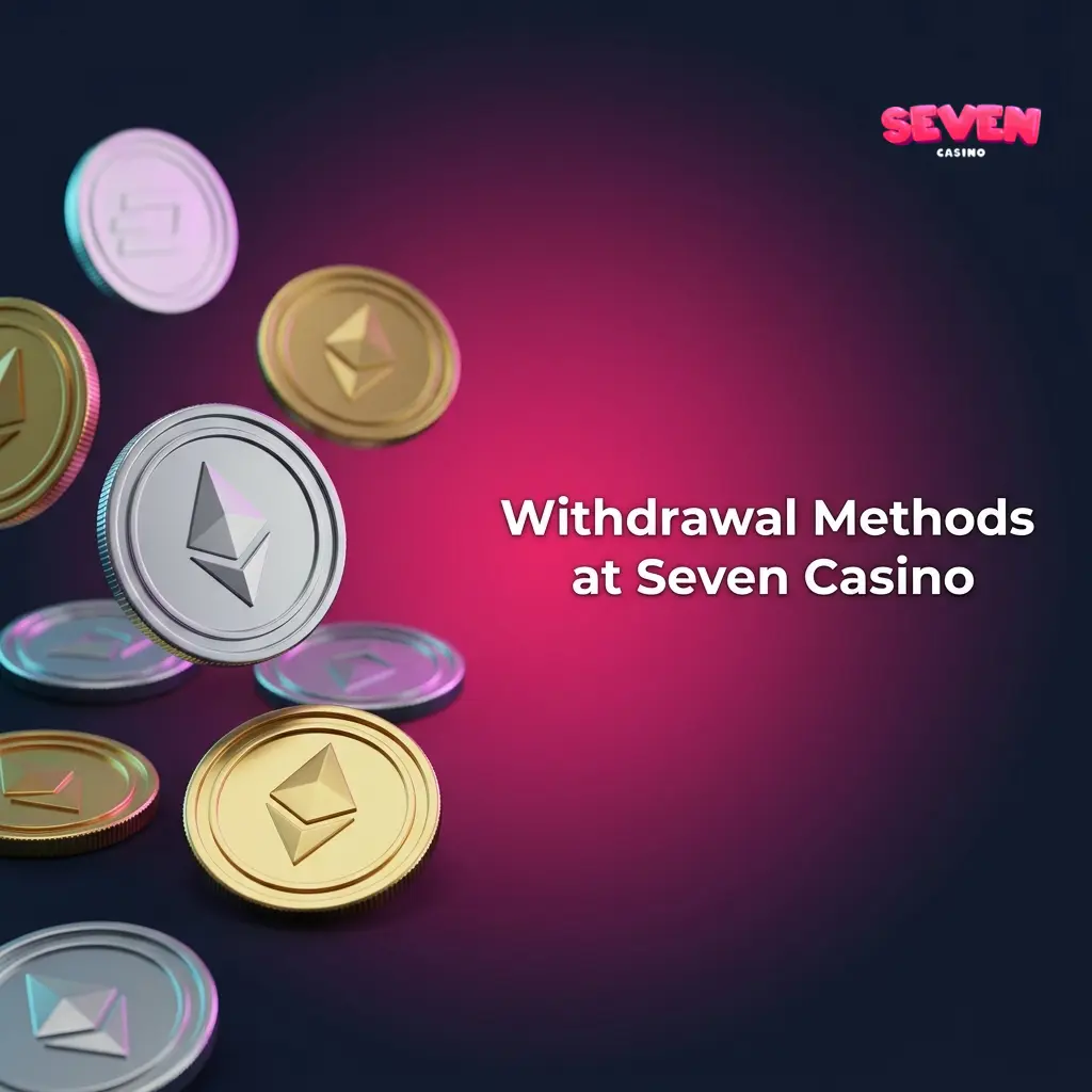 Seven Casino withdrawal methods showing minimum £10 limit, crypto and e-wallet options, and step-by-step cashier process